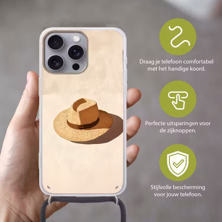 Hoed - Minimalistisch - Schaduw - Beige Hoesje iPhone 16 Pro Max met koord klein -sfeer2_NL