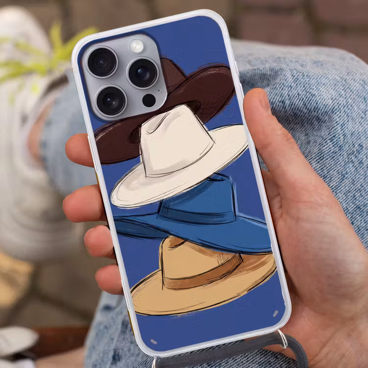 Hoeden - Gestapeld - Mode - Kleurrijk - Illustratie Hoesje iPhone 16 Pro Max met koord klein -sfeer3
