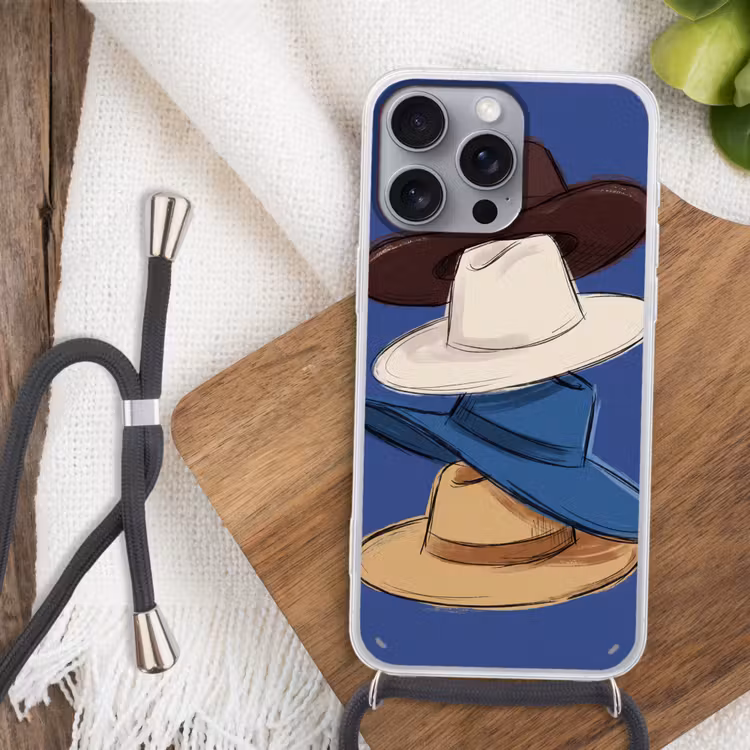 Hoeden - Gestapeld - Mode - Kleurrijk - Illustratie Hoesje iPhone 16 Pro Max met koord klein -sfeer4