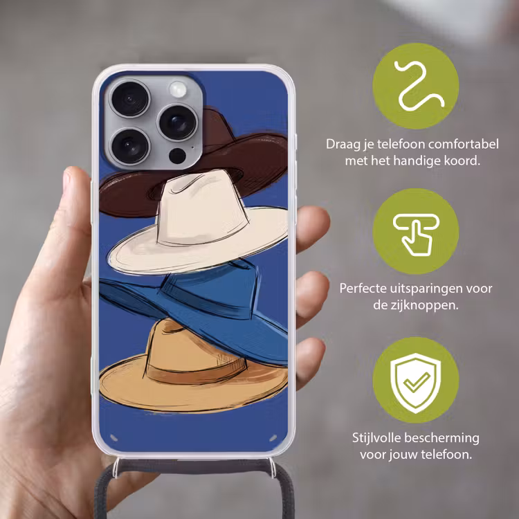 Hoeden - Gestapeld - Mode - Kleurrijk - Illustratie Hoesje iPhone 16 Pro Max met koord klein -sfeer2_NL