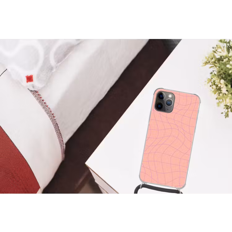 Hokjes patroon - Roze - Paars - Golvende lijnen Hoesje iPhone 12 Pro met koord klein -kamer