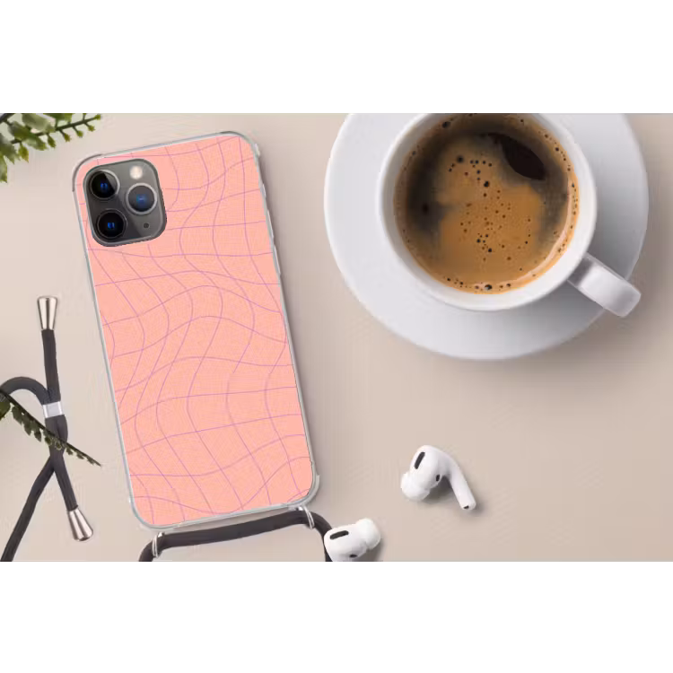 Hokjes patroon - Roze - Paars - Golvende lijnen Hoesje iPhone 12 Pro met koord klein -oordop