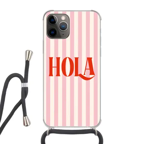 Hola - Quote - Strepen - Pastel - Roze - Rood - Wit Hoesje iPhone 12 Pro met koord klein -3d