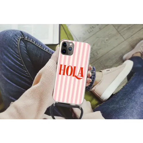 Hola - Quote - Strepen - Pastel - Roze - Rood - Wit Hoesje iPhone 12 Pro met koord klein -hand