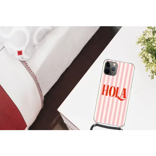 Hola - Quote - Strepen - Pastel - Roze - Rood - Wit Hoesje iPhone 12 Pro met koord klein -kamer