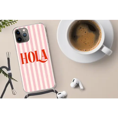 Hola - Quote - Strepen - Pastel - Roze - Rood - Wit Hoesje iPhone 12 Pro met koord klein -oordop