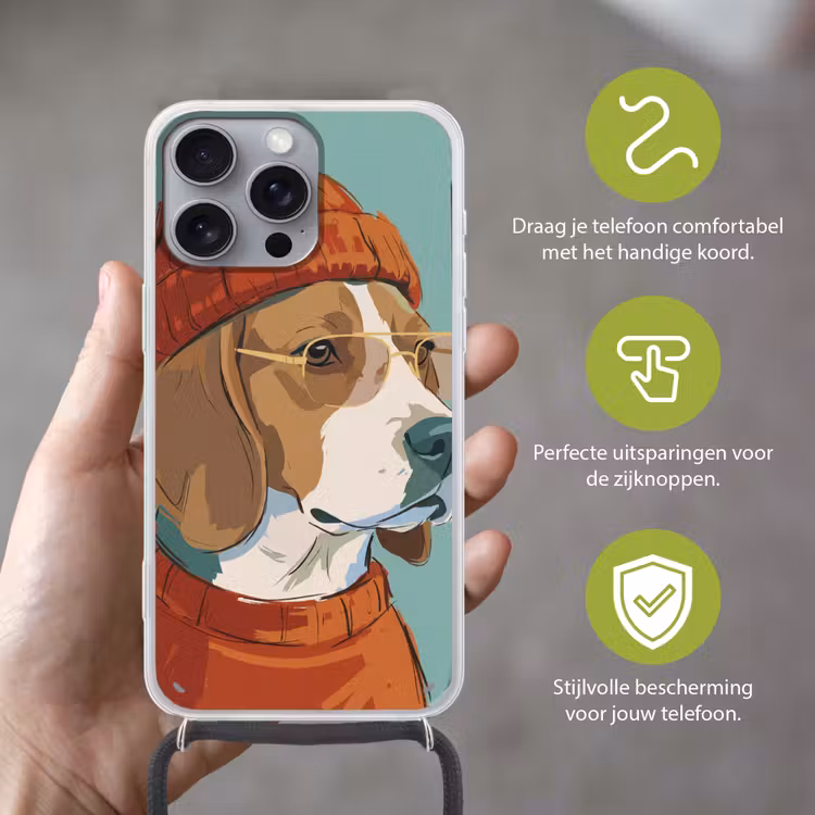 Hond - Beanie - Zonnebril - Dieren - Modern Hoesje iPhone 16 Pro Max met koord klein -sfeer2_NL