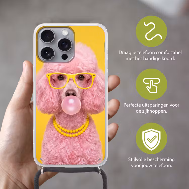 Hond - Kauwgum - Dieren - Modern - Roze Hoesje iPhone 16 Pro Max met koord klein -sfeer2_NL