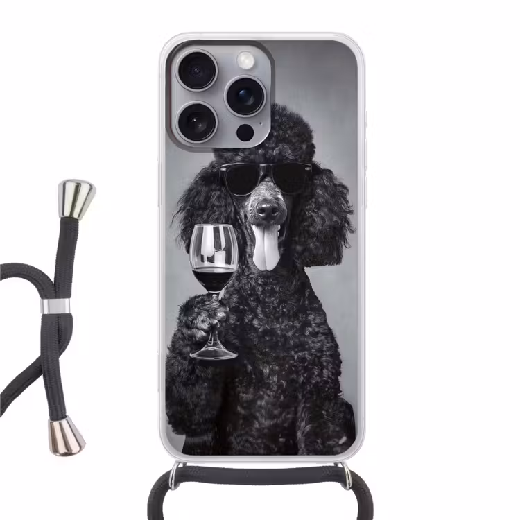 Hond - Krullen - Zonnebril - Wijn Hoesje iPhone 16 Pro Max met koord klein -3d