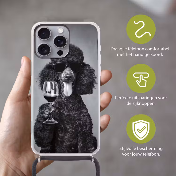 Hond - Krullen - Zonnebril - Wijn Hoesje iPhone 16 Pro Max met koord klein -sfeer2_NL