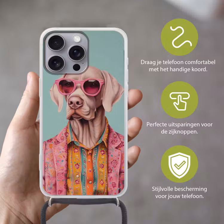 Hond - Overhemd - Bloemen - Bril Hoesje iPhone 16 Pro Max met koord klein -sfeer2_NL