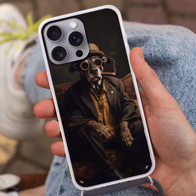Hond - Sigaar - Hoed - Pak Hoesje iPhone 16 Pro Max met koord klein -sfeer3