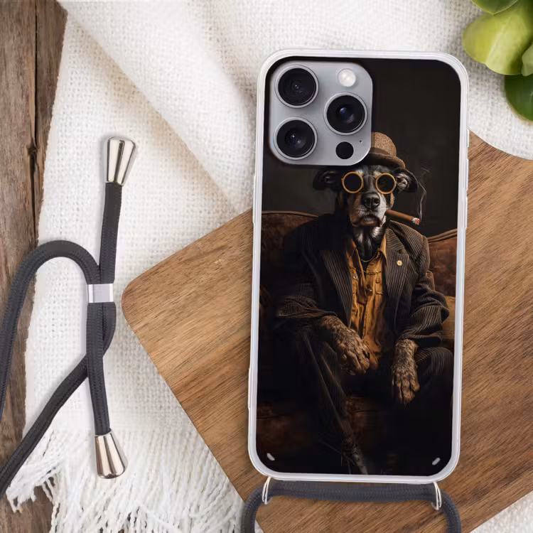 Hond - Sigaar - Hoed - Pak Hoesje iPhone 16 Pro Max met koord klein -sfeer4