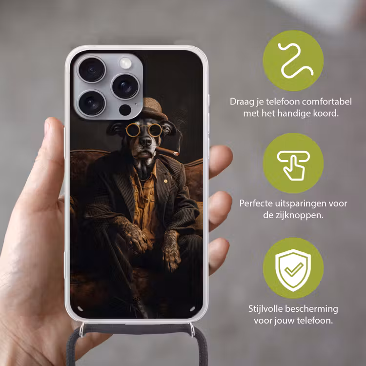 Hond - Sigaar - Hoed - Pak Hoesje iPhone 16 Pro Max met koord klein -sfeer2_NL