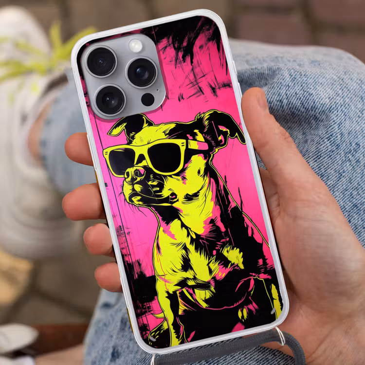 Hond - Zonnebril - Roze - Art Hoesje iPhone 16 Pro Max met koord klein -sfeer3