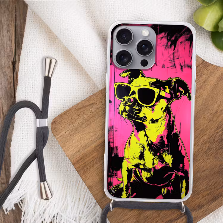 Hond - Zonnebril - Roze - Art Hoesje iPhone 16 Pro Max met koord klein -sfeer4