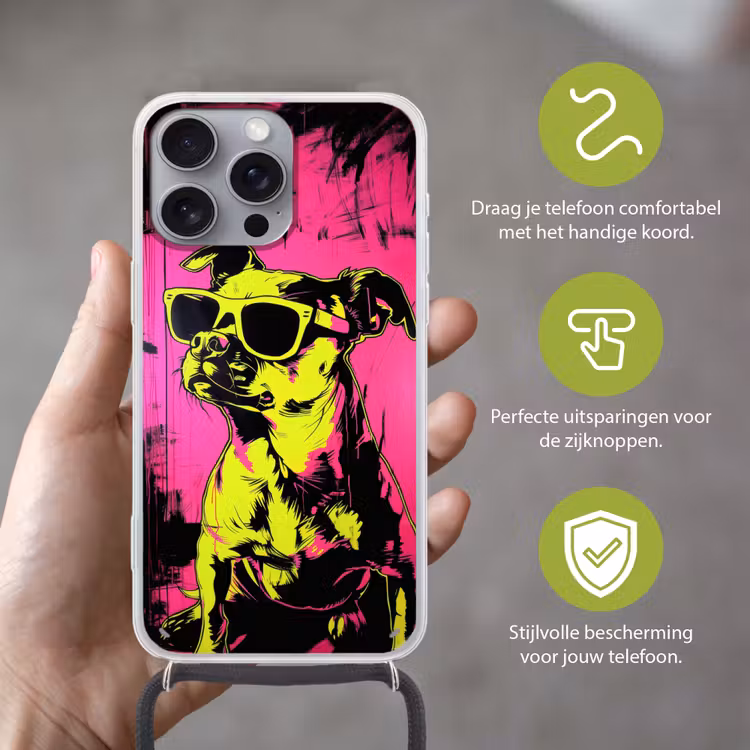 Hond - Zonnebril - Roze - Art Hoesje iPhone 16 Pro Max met koord klein -sfeer2_NL