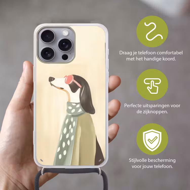 Hond - Zonnebril - Sjaal Hoesje iPhone 16 Pro Max met koord klein -sfeer2_NL