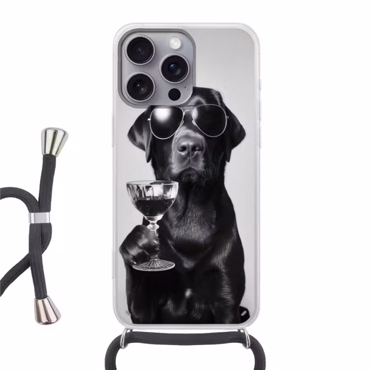 Hond - Zwart - Wijnglas - Zonnebril Hoesje iPhone 16 Pro Max met koord klein -3d