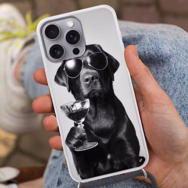 Hond - Zwart - Wijnglas - Zonnebril Hoesje iPhone 16 Pro Max met koord klein -sfeer3