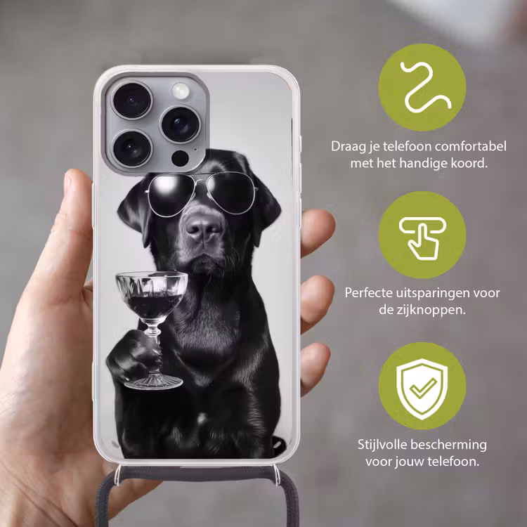 Hond - Zwart - Wijnglas - Zonnebril Hoesje iPhone 16 Pro Max met koord klein -sfeer2_NL