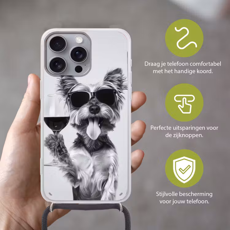 Hondje - Wijnglas - Zonnebril - Enthousiast Hoesje iPhone 16 Pro Max met koord klein -sfeer2_NL