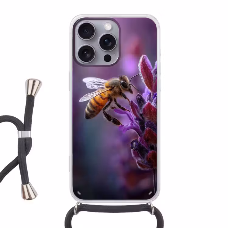 Honingbij - Paarse bloemen - Details Hoesje iPhone 16 Pro Max met koord klein -3d