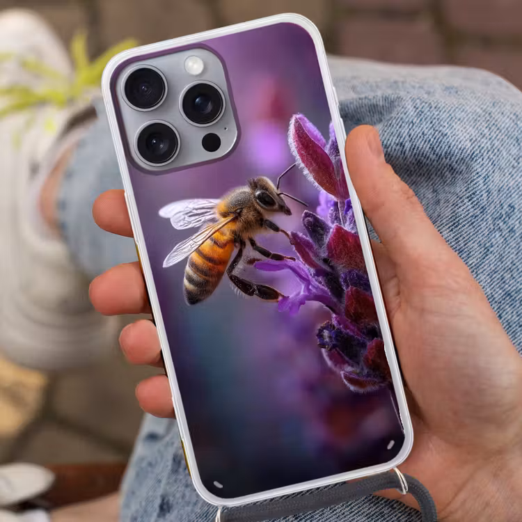 Honingbij - Paarse bloemen - Details Hoesje iPhone 16 Pro Max met koord klein -sfeer3
