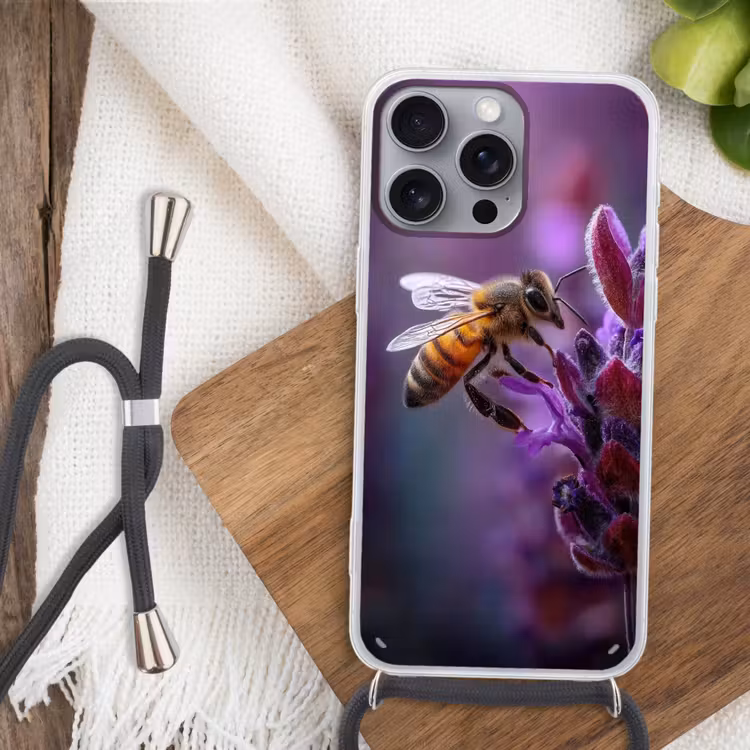 Honingbij - Paarse bloemen - Details Hoesje iPhone 16 Pro Max met koord klein -sfeer4