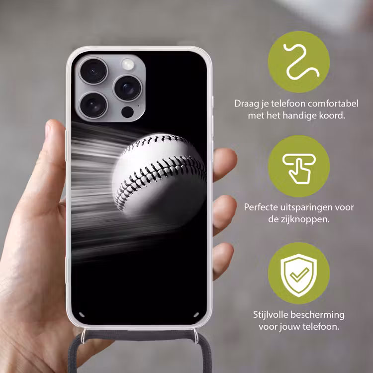 Honkbal - Wit - Vliegt Hoesje iPhone 16 Pro Max met koord klein -sfeer2_NL