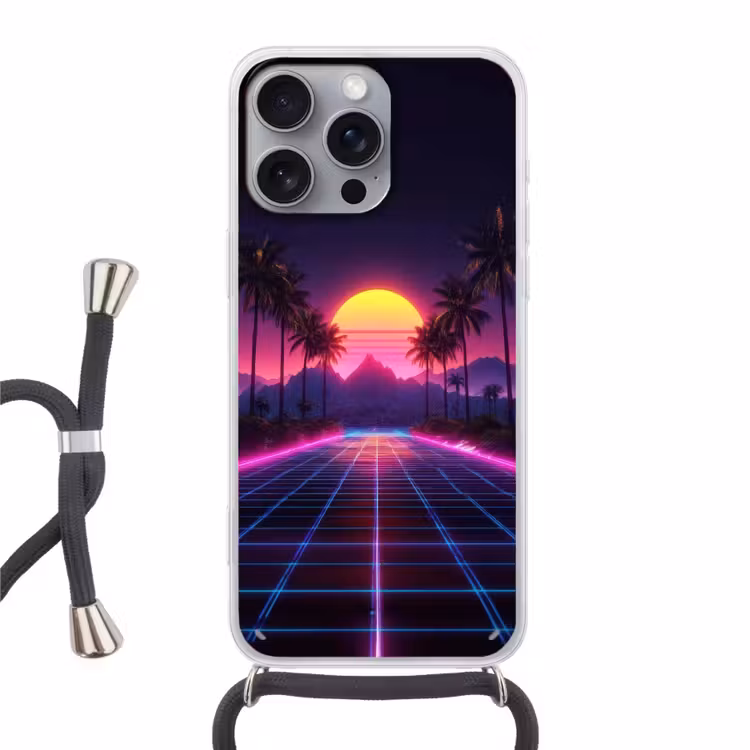 Horizon - Palmbomen - Bergen - Geel Hoesje iPhone 16 Pro Max met koord klein -3d