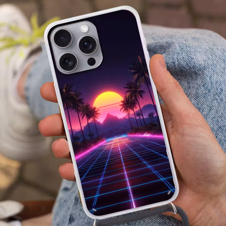Horizon - Palmbomen - Bergen - Geel Hoesje iPhone 16 Pro Max met koord klein -sfeer3