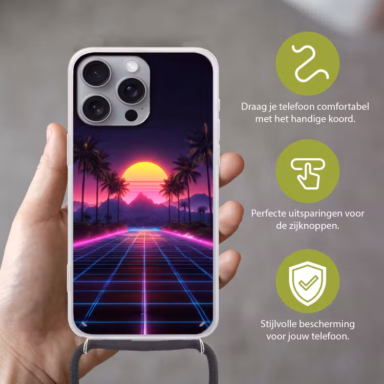 Horizon - Palmbomen - Bergen - Geel Hoesje iPhone 16 Pro Max met koord klein -sfeer2_NL