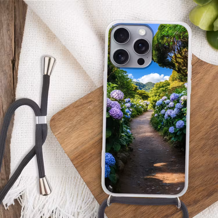 Hortsensia - Pad - Bloemen Hoesje iPhone 16 Pro Max met koord klein -sfeer4