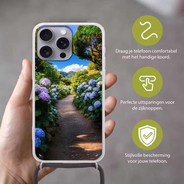 Hortsensia - Pad - Bloemen Hoesje iPhone 16 Pro Max met koord klein -sfeer2_NL