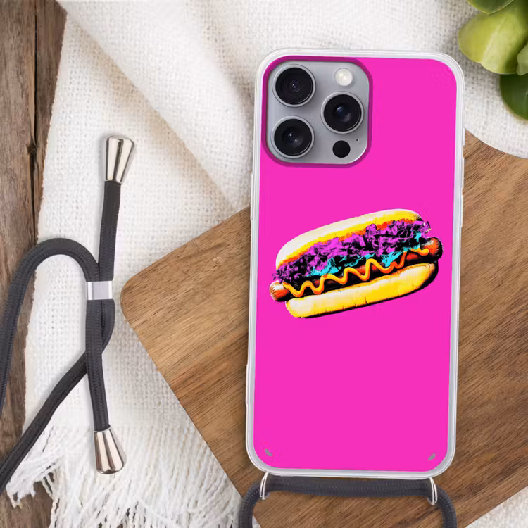 Hotdog - Roze - Retro Hoesje iPhone 16 Pro Max met koord klein -sfeer4