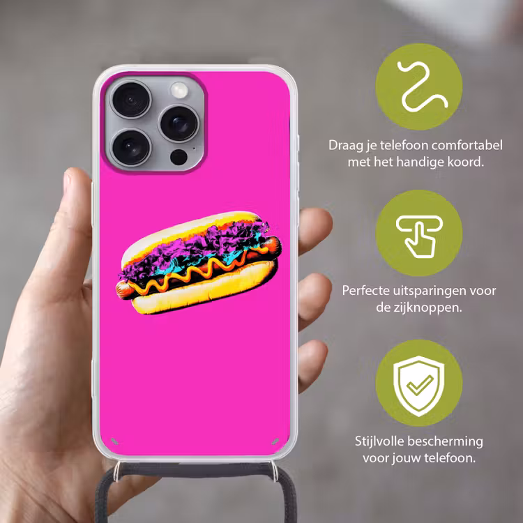 Hotdog - Roze - Retro Hoesje iPhone 16 Pro Max met koord klein -sfeer2_NL