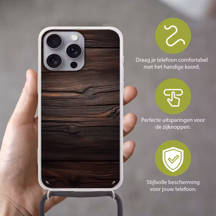 Hout - Grillige nerven Hoesje iPhone 16 Pro Max met koord klein -sfeer2_NL