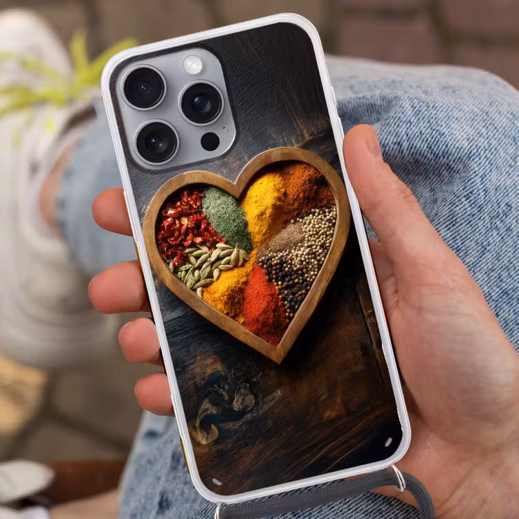 Houten - Hart - Kleurrijke - Specerijen Hoesje iPhone 16 Pro Max met koord klein -sfeer3