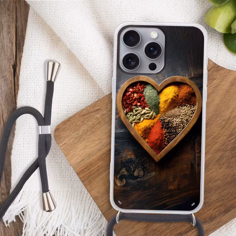 Houten - Hart - Kleurrijke - Specerijen Hoesje iPhone 16 Pro Max met koord klein -sfeer4