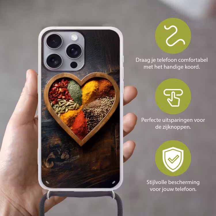 Houten - Hart - Kleurrijke - Specerijen Hoesje iPhone 16 Pro Max met koord klein -sfeer2_NL