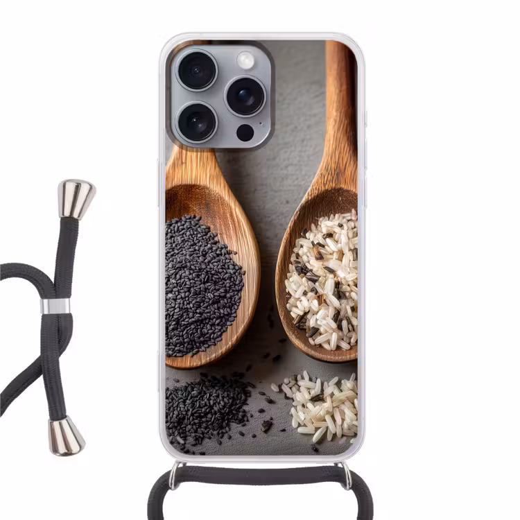 Houten - Lepels - Rijst - Zaden Hoesje iPhone 16 Pro Max met koord klein -3d