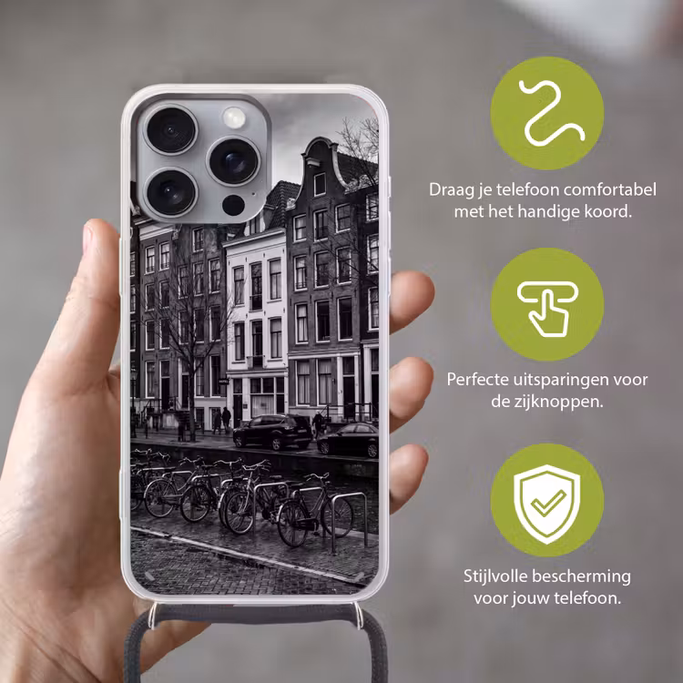 Huis - Gracht - Amsterdam - Architectuur - Zwart-wit Hoesje iPhone 16 Pro Max met koord klein -sfeer2_NL