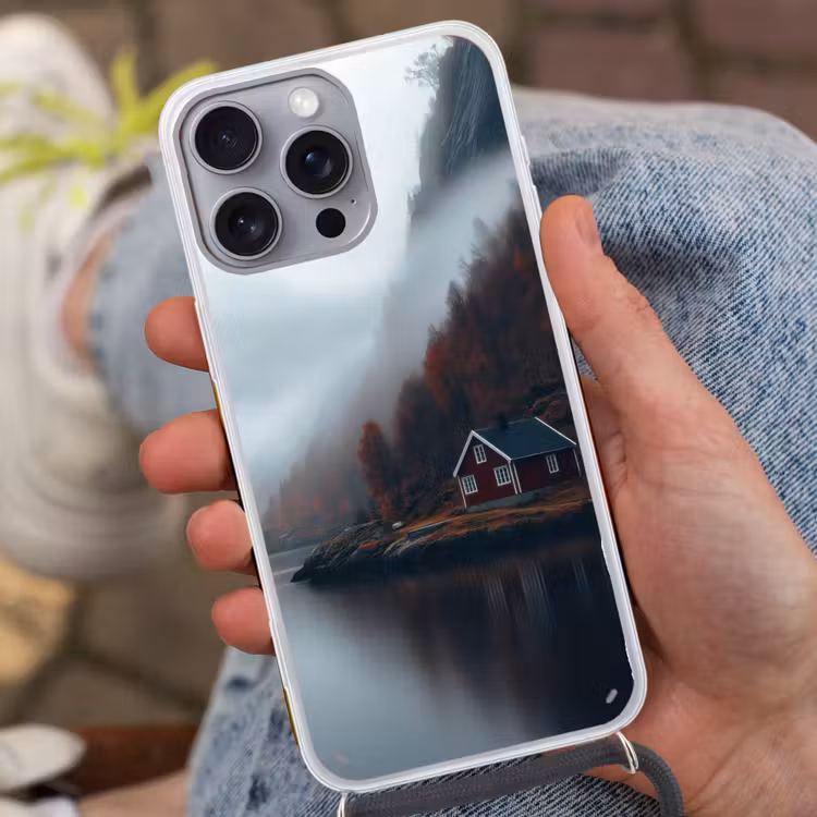 Huis - Rood - Bergen - Water Hoesje iPhone 16 Pro Max met koord klein -sfeer3