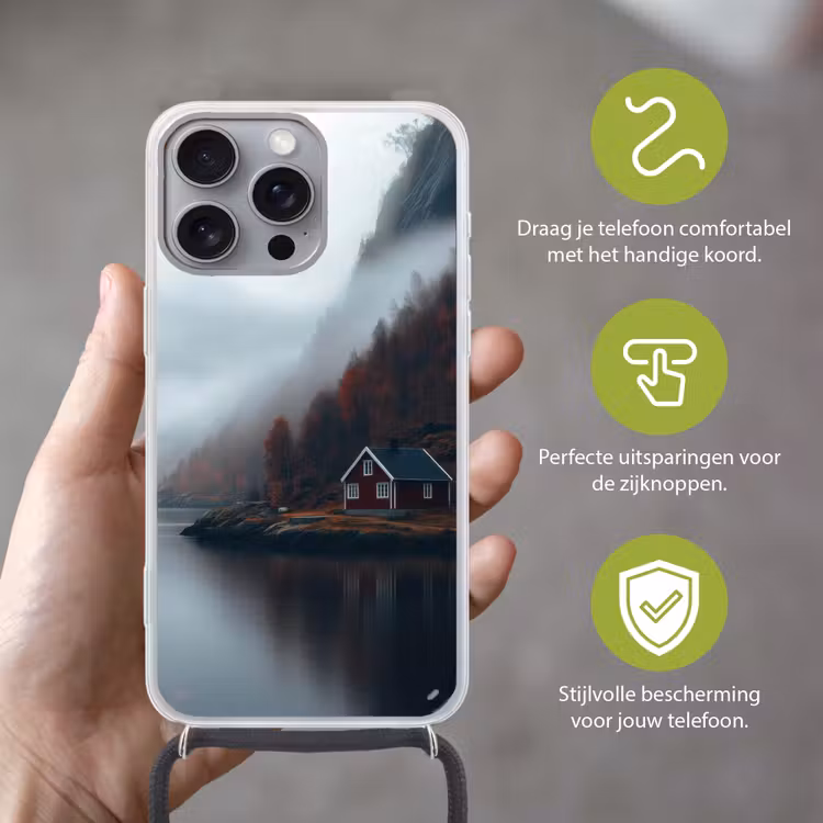 Huis - Rood - Bergen - Water Hoesje iPhone 16 Pro Max met koord klein -sfeer2_NL