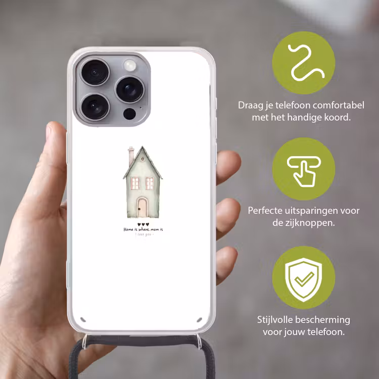 Huisje - Groen - Tekst - Liefdevol Hoesje iPhone 16 Pro Max met koord klein -sfeer2_NL