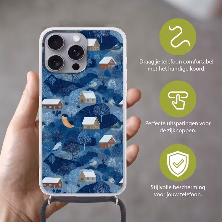 Huisjes - Vogels - Sneeuw - Winter - Blauw Hoesje iPhone 16 Pro Max met koord klein 804 -sfeer2_NL