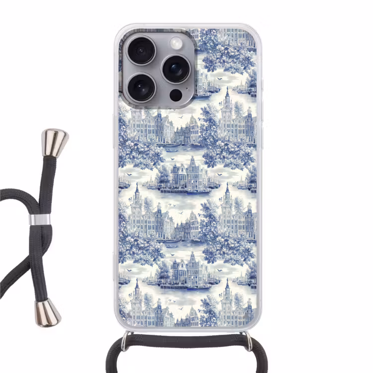 Huizen - Bomen - Water - Vogels - Blauw Hoesje iPhone 16 Pro Max met koord klein 804 -3d