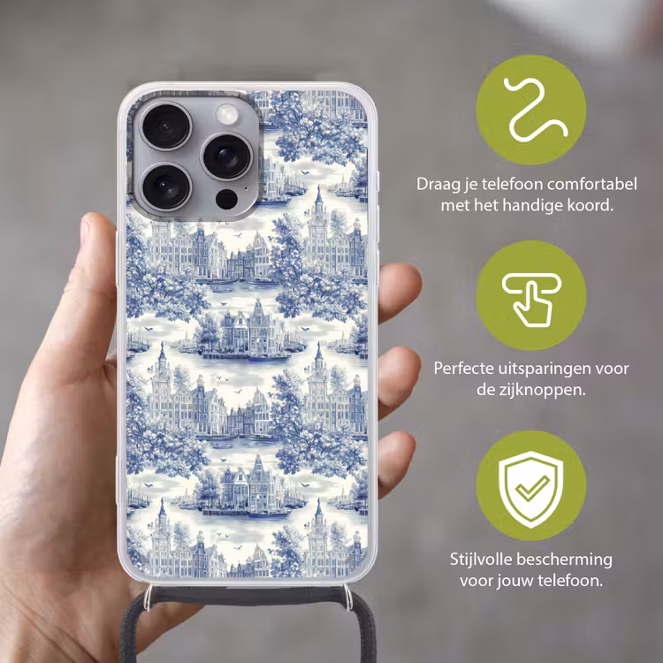 Huizen - Bomen - Water - Vogels - Blauw Hoesje iPhone 16 Pro Max met koord klein 804 -sfeer2_NL