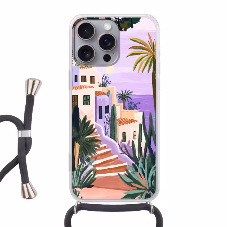 Huizen - Minimalistisch - Palmbomen - Kust Hoesje iPhone 16 Pro Max met koord klein -3d